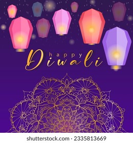 Happy Diwali celebration background. banner design decorated with illuminated oil lamps on patterned yellow background. vector illustration design