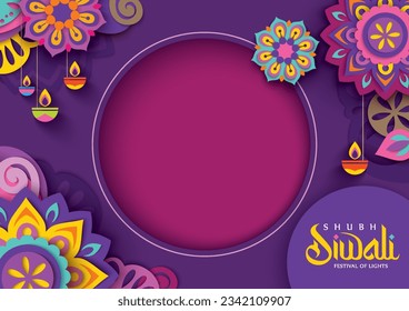 Happy Diwali celebration background. banner design decorated with illuminated oil lamps on patterned background. vector illustration design