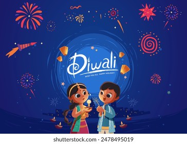 Happy Diwali Celebration Background With Cute Girl And Boy Holding Sparkle Sticks, Lit Oil Lamp (Diya).