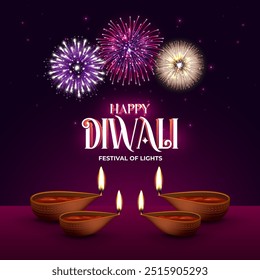 Feliz Diwali Comemoração Fundo. Banner do Festival de Luzes de Diwali com ilustração vetorial de Diya. Modelo de postagem de mídia social Happy Diwali.
