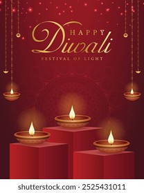 Happy Diwali Celebration Background. Diwali Festival Of Lights Banner with Diya Vector Illustration. Happy Diwali Social Media Post Template.