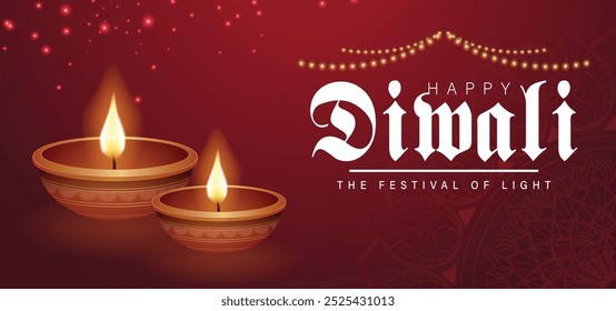 Feliz Diwali Comemoração Fundo. Banner do Festival de Luzes de Diwali com ilustração vetorial de Diya. Modelo de postagem de mídia social Happy Diwali.