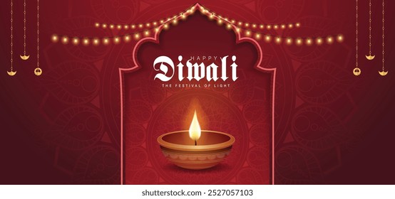 Feliz Diwali Comemoração Fundo. Banner do Festival de Luzes de Diwali com ilustração vetorial de Diya. Modelo de postagem de mídia social Happy Diwali.