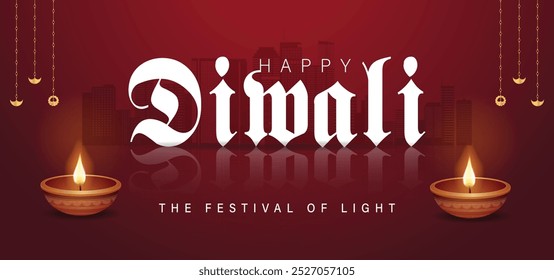 Feliz Diwali Comemoração Fundo. Banner do Festival de Luzes de Diwali com ilustração vetorial de Diya. Modelo de postagem de mídia social Happy Diwali.