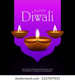 Feliz Diwali Comemoração Fundo. Banner do Festival de Luzes de Diwali com ilustração vetorial de Diya. Modelo de postagem de mídia social Happy Diwali.
