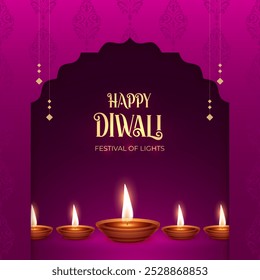 Happy Diwali Celebration Background. Diwali Festival Of Lights Banner with Diya Vector Illustration. Happy Diwali Social Media Post Template.
