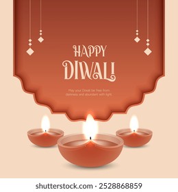 Happy Diwali Celebration Background. Diwali Festival Of Lights Banner with Diya Vector Illustration. Happy Diwali Social Media Post Template.
