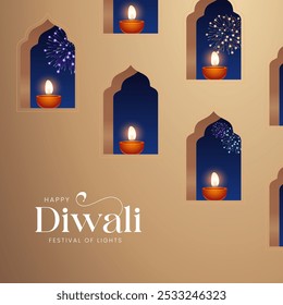 Feliz celebración de Diwali de fondo. Anuncio del Festival de las Luces de Diwali con la Ilustración vectorial Diya. Feliz Plantilla del Diwali Social Media Post. Diwali Festival de las Luces Anuncio con Diya Vectores
