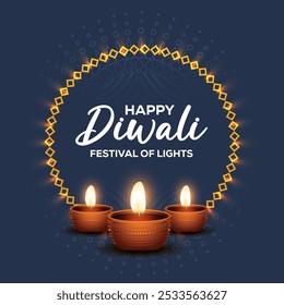 Happy Diwali Celebration Background. Diwali Festival Of Lights Banner with Diya Vector Illustration. Happy Diwali Social Media Post Vector EPS Template.