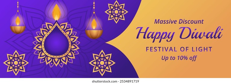 Happy Diwali Celebration Background. Diwali Festival of Light Banner with Diya Vector Illustration. Happy Diwali Social Media Post Template. Massive Discount. Up to 10% off.