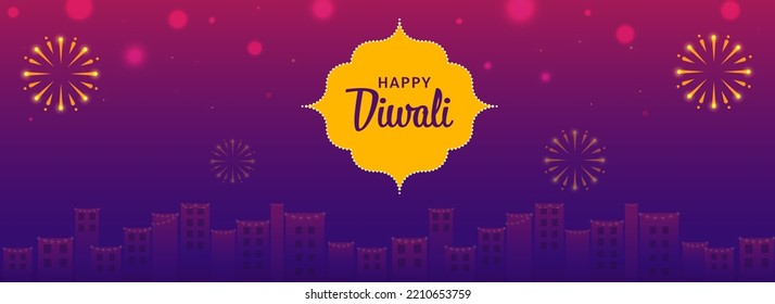 Happy Diwali Celebration Background With Fireworks And Decorative Buildings.