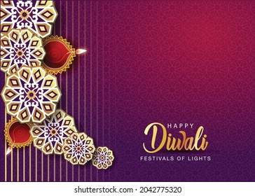  Happy Diwali celebration background. front view of banner design decorated with illuminated oil lamps on patterned stylish background. vector illustration design