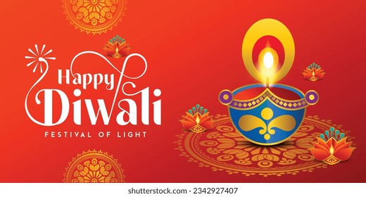 Happy Diwali celebration background. front view of banner design decorated with illuminated Diya on patterned stylish background. vector illustration design