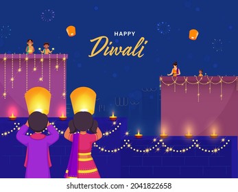 Happy Diwali Celebration Background With Indian People Enjoying Or Celebrating Festival Of Lights.