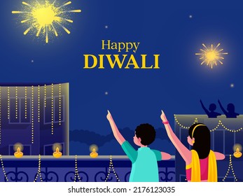 Happy Diwali Celebration Background With Kids Looking Fireworks At Balcony.