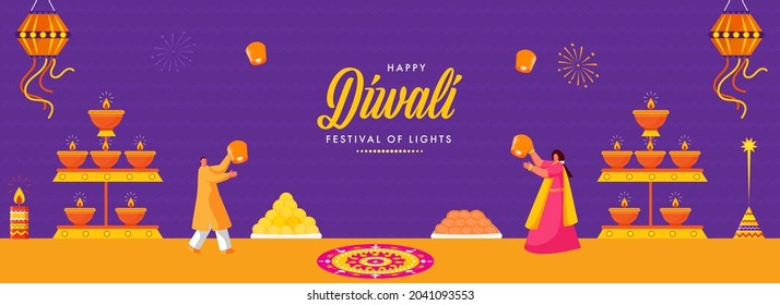 Happy Diwali Celebration Background With Lit Oil Lamps (Diya) Stand, Indian Sweet (Laddu) And People Holding Sky Lanterns.