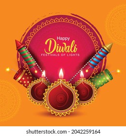  Happy Diwali celebration background. Top view of banner design decorated with fire crackers on yellow background. vector illustration
