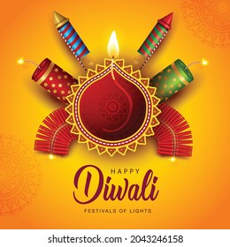  Felices antecedentes de la celebración del Diwali. Vista superior del diseño de pancartas adornadas con petardos en el fondo amarillo. diseño de ilustración vectorial