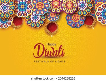 Happy Diwali celebration background. Top view of banner design decorated with illuminated oil lamps on patterned yellow background. vector illustration	design