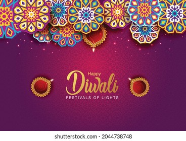  Happy Diwali celebration background. Top view of banner design decorated with illuminated oil lamps on patterned yellow background. vector illustration