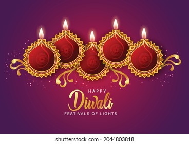  Happy Diwali celebration background. Top view of banner design decorated with illuminated oil lamps on patterned dark background. vector illustration design