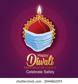  Happy Diwali celebration background. Top view of banner design decorated with illuminated oil lamps on patterned pink dark background. vector illustration. covid corona virus concept