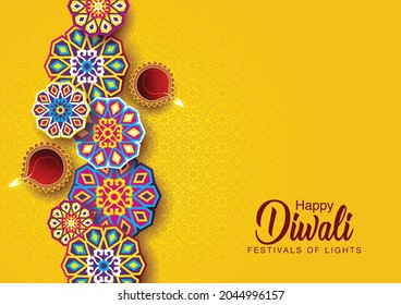  Happy Diwali celebration background. Top view of banner design decorated with illuminated oil lamps on patterned yellow background. vector illustration design