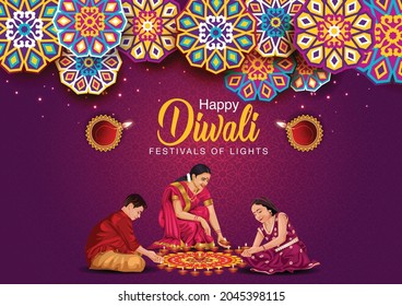  Happy Diwali celebration background. Top view of banner design decorated with illuminated oil lamps on patterned family  background. vector illustration design