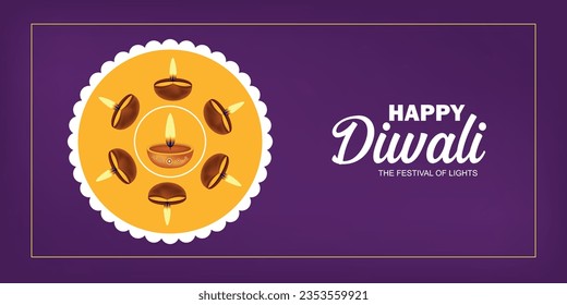 Happy Diwali celebration background. Top view of banner design decorated with illuminated oil lamps