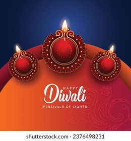  Happy Diwali celebration background. Top view of banner design decorated with illuminated oil lamps on patterned dark background. vector illustration