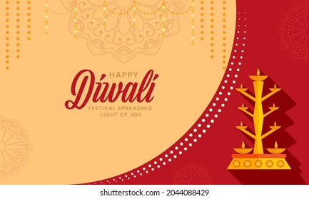 Happy Diwali Celebration Banner Design With Lit Oil Lamps (Diya) Stand On Pastel Orange And Red Background.