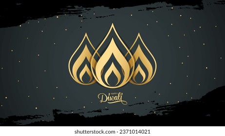 Happy Diwali Celebration Banner. India traditional festival of lights holiday background with hand lettering and Diya lamp flame sign. Black and gold. Vector illustration.