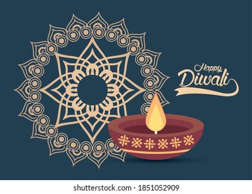 happy diwali celebration with candle wooden and golden mandala vector illustration design