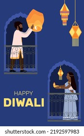 Happy Diwali celebration city background Sky lanterns. Illuminated oil lamps (Diya) in hands. Man and woman on the balcony in traditional dress. Sari.