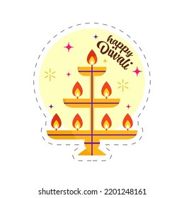 Happy Diwali Celebration Concept With Burning Brass Panchmahal On Yellow And White Background.