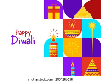 Happy Diwali Celebration Concept With Flat Style Colorful Lit Candles, Firecracker, Laddu (Sweet Balls), Oil Lamp And Gift Box On White Background.
