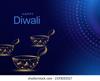 Happy Diwali Celebration Concept With Golden Polygonal Oil Lamps (Diya) On Blue Dotted Background.