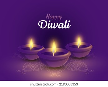 Happy Diwali Celebration Concept With Illuminated Realistic Oil Lamps (Diya) On Purple Rangoli Background.