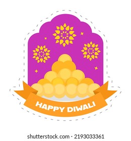 Happy Diwali Celebration Concept With Indian Sweet (Ladoo), Mandala Or Flowers On Purple And White Background.