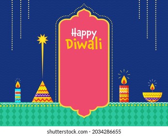 Happy Diwali Celebration Concept With Lit Candles, Oil Lamp (Diya) And Firecracker Anar On Blue And Green Background.