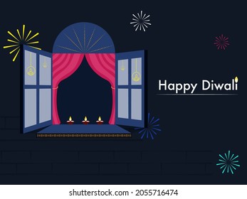 Happy Diwali Celebration Concept With Lit Oil Lamps (Diya) Decorated Window On Fireworks Blue Brickwall Background.