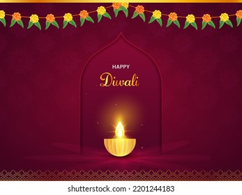 Happy Diwali Celebration Concept With Lit Origami Paper Oil Lamp (Diya) And Floral Garland (Toran) On Red Mandala Pattern Background.