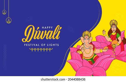Happy Diwali Celebration Concept With Lord Ganesha And Goddess Lakshmi Statue On Yellow And Blue Background.