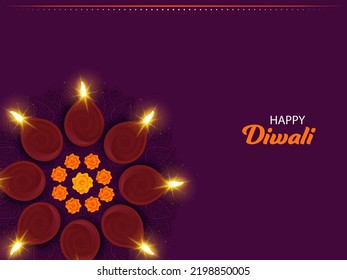 Happy Diwali Celebration Concept With Top View Of Burning Realistic Oil Lamps (Diya) And Marigold Flowers Over Rangoli On Dark Pink Background.