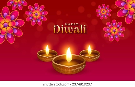 Happy diwali celebration with decorative lamp and rangoli mandala on red bokeh background. Diwali vector illustration