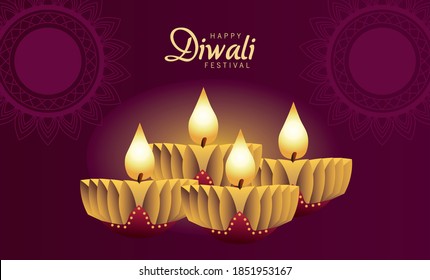 happy diwali celebration with four candles wooden in purple background vector illustration design