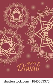 happy diwali celebration with golden mandalas in red background vector illustration design
