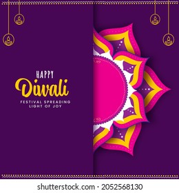 Happy Diwali Celebration Greeting Card With Rangoli Frame And Copy Space On Purple Background.