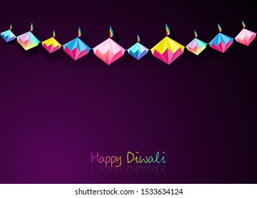 Happy Diwali Celebration Indian bunting in Origami style Graphic design of Indian Diya Oil Lamps in diamond shape, folded paper Flat Design.  Colorful Festival of Lights. Vector isolated on purple