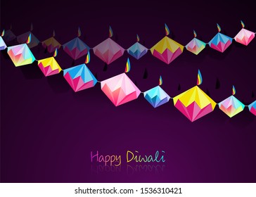 Happy Diwali Celebration Indian bunting in Origami style Graphic design of Indian Diya Oil Lamps in diamond shape, folded paper Flat Design.  Colorful Festival of Lights. Vector isolated on purple